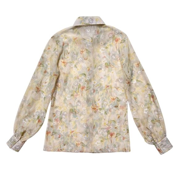 70s Vintage Lady Manhattan Blouse Semi Sheer Pastel Floral Pointed Collar. - Picture 3 of 8